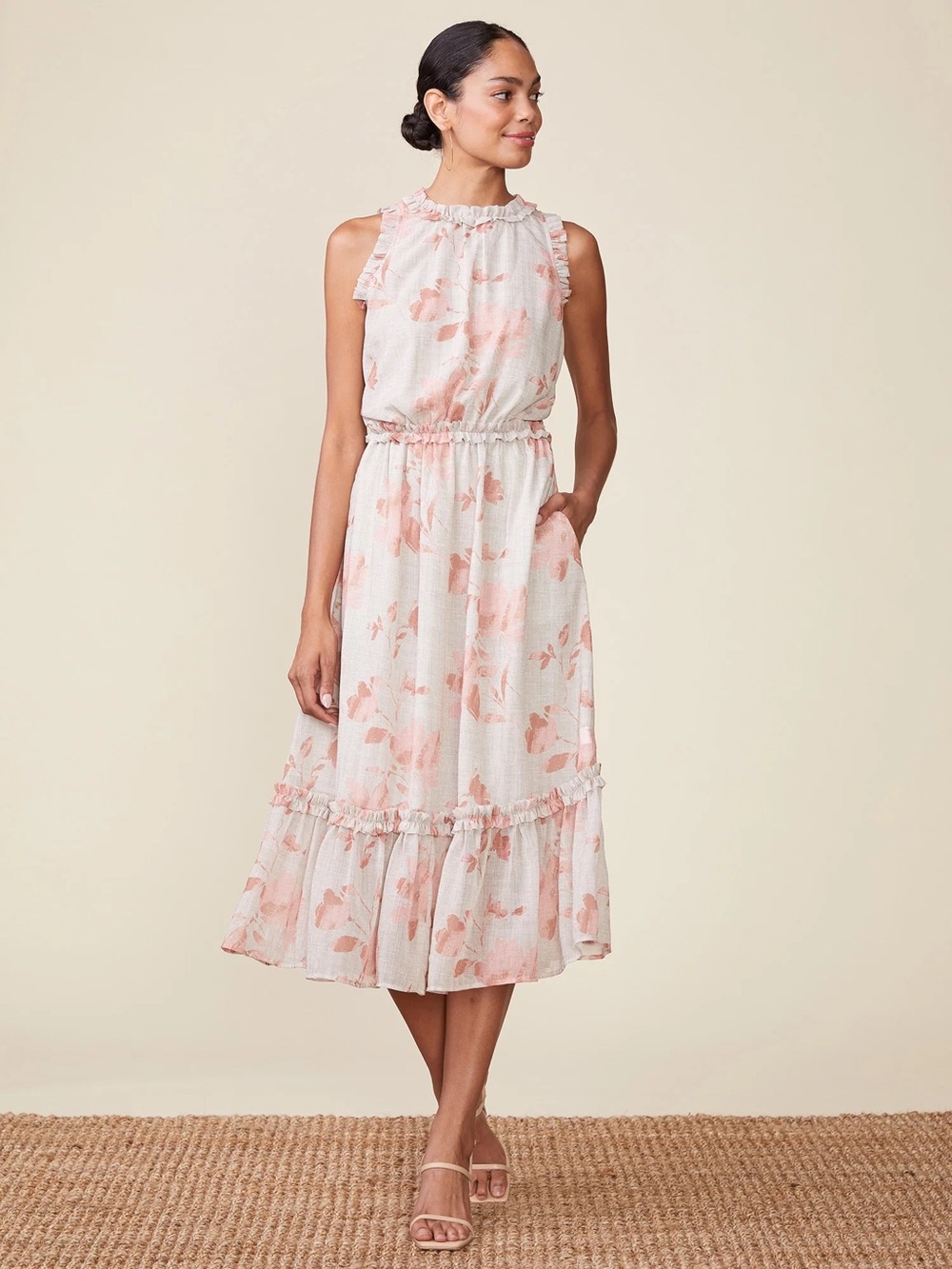 Sleeveless Floral Ruffle Midi Dress in Light Pink